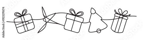 A continuous line drawing featuring connected gift boxes and a Christmas tree, perfect for holiday greetings, celebration event invitations, festive season web decorations, or graphic
