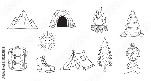 Collection of essential outline icons for outdoor adventures featuring mountains campfire tent compass and hiking gear ideal for travel guides and camping related designs