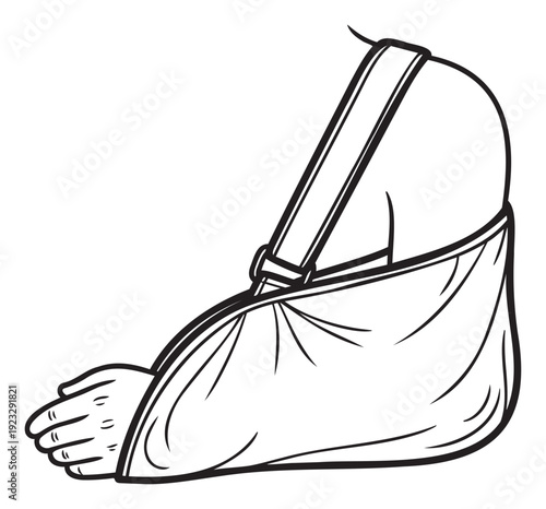 Patient wearing an arm sling for injury recovery, providing a clear visual for healthcare providers, medical information resources, or first aid guides