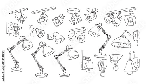 Comprehensive collection of hand drawn outline light fixtures including modern track lights, adjustable desk lamps, and elegant wall sconces for various interior design concepts.