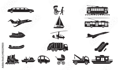 A comprehensive collection of black silhouette icons depicting diverse modes of transportation and mobility for travel, logistic, and daily life themes