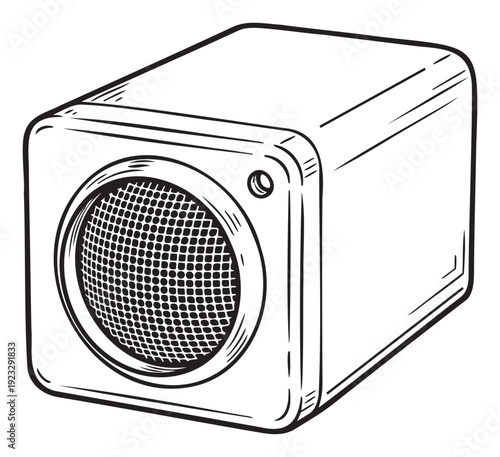 Stylish black and white graphic representation of a small sound system speaker box, ideal for modern technologythemed print materials, digital interfaces, or musical instrument component