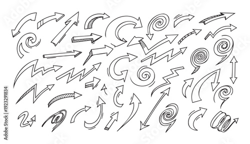 A dynamic collection of diverse directional indicators featuring zigzag, spiral, and curved arrow shapes, ideal for enhancing visual communication in presentations, web interfaces, and