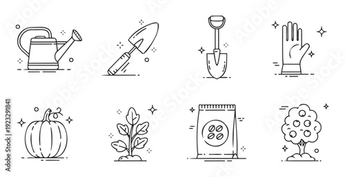 Gardening tools and plants line icons for agricultural hobby projects, cultivation guides, farming instructions, or outdoor activity resources.