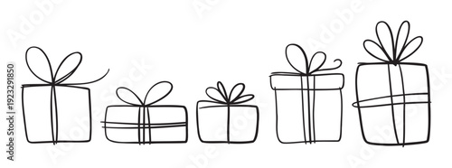 Hand drawn gift boxes with bows and ribbons perfect for holiday greetings, birthday celebrations, or festive event promotions and invitations
