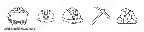 Mining industry tools and equipment line icons depicting essential elements for resource extraction operations perfect for educational materials or business presentations