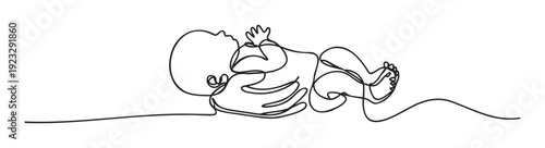 Minimalist continuous line drawing of a peaceful newborn baby with hands up and legs bent, perfect for baby shower invitations, maternity care promotions, or childrens learning materials