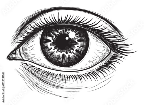 Striking monochromatic ink drawing of an open eye featuring distinct pupil and lid lines ideal for tattoo designs or graphic posters and expressive artwork