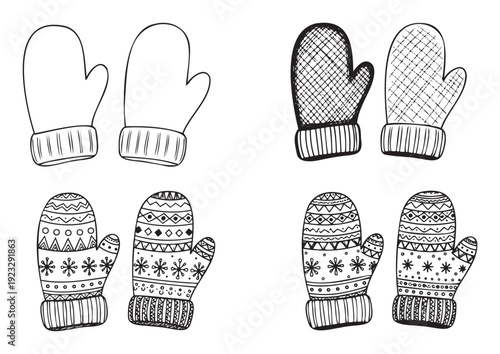 Cozy black and white winter mittens collection, perfect for seasonal crafts, holiday greetings, and childrens activity books seeking warm apparel graphics.