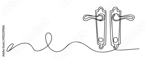 A single continuous line drawing depicts two classic door handles with ornate plates, creating a minimalist and elegant visual representation perfect for interior design inspiration or