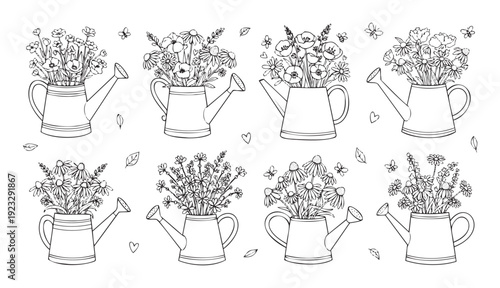 A collection of whimsical watering cans filled with various blooming wildflowers and small garden elements makes for charming spring and summer themed graphics