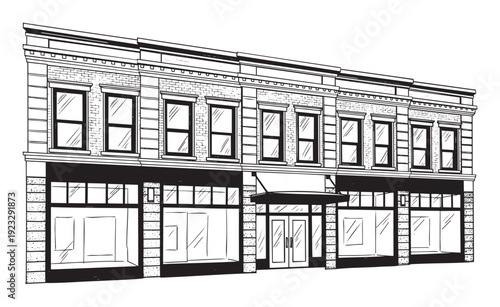 Hand drawn ink illustration of a multistory commercial building facade with storefronts and windows, perfect for showcasing urban architecture, small business concepts, and city street