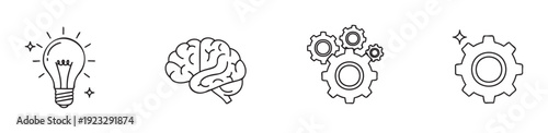 Hand drawn line icons depicting an illuminated light bulb for innovation, a human brain for intelligent thought, and various mechanical gears for efficient processes, ideal for business and