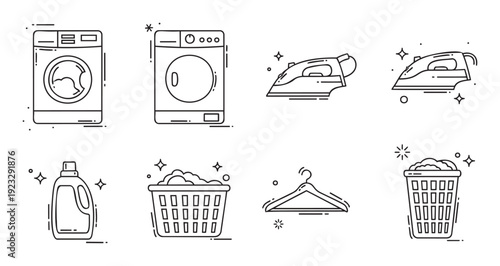 Laundry icons featuring washers, irons, detergent, baskets, and hangers for home care services, appliance sales, and textile cleaning instructions.
