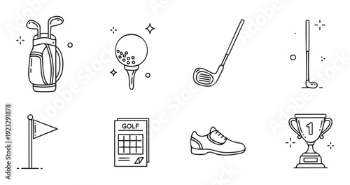 Collection of golf equipment and game element outline icons, including clubs, ball, tee, flag, scorecard, shoe, and trophy, ideal for sports apps, websites, or athletic event branding.