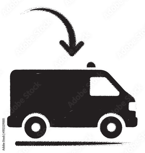Grunge textured black delivery van with a downward pointing arrow above it symbolizing parcel shipping or cargo arrival for logistics and ecommerce business concepts