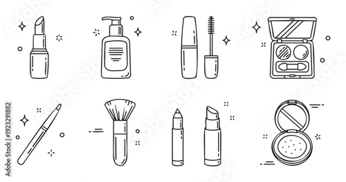 Collection of outline cosmetic and skincare product icons including lipstick, mascara, and powder, perfect for beauty product branding, digital media, and ecommerce applications.