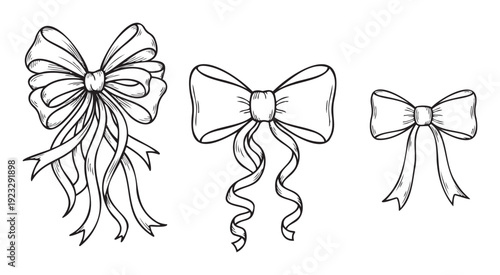 Elegant hand drawn bow collection perfect for festive gift wrapping, special occasion embellishments, and holiday greeting decorations, adding a classic touch to any celebration.