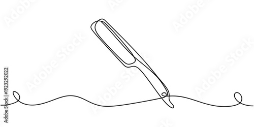 Straight razor continuous single one line art drawing, Continuous one line drawing of straight razor. Vintage barber razor isolated on a white background. Barbershop concept. Vector illustration, pro.