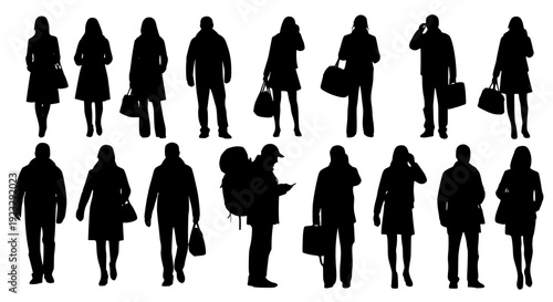 Vector silhouettes man and women, illustration. Silhouettes of young people posing in casual clothes. Transparent background SVG version.