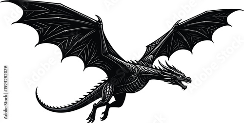 Dragon silhouette illustration, mythical creature wings scales fierce fantasy design, vector artwork, folklore and education theme, isolated background