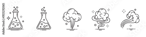 Collection of line icons depicting chemical reactions, bubbling liquids in laboratory flasks, and dynamic smoke or vapor effects for science, magic, or experiment related graphic projects.