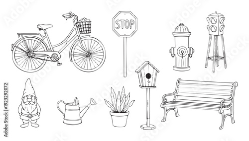 Hand drawn outline sketches featuring various outdoor elements like a bicycle, stop sign, fire hydrant, garden gnome, and park bench, ideal for coloring books or nature themed graphic