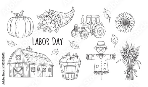 Autumn harvest celebration graphic with traditional farm objects including a pumpkin, cornucopia, tractor, barn, and scarecrow perfect for holiday greetings and seasonal agricultural themes.