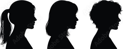 Female hairstyle silhouettes illustration, ponytail straight tousled hair profile identity design, vector artwork, fashion and education theme, isolated background