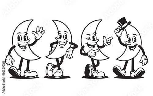 crescent moon funny cartoon mascot character in different poses