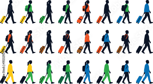 Traveler silhouettes grid illustration, people walking with rolling suitcase diverse clothing color design, vector artwork, lifestyle and education theme, isolated background