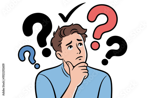 A cartoon man with question marks surrounding his head, symbolizing confusion and uncertainty.