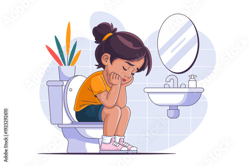 A woman experiencing discomfort while sitting on a toilet in a bathroom with a sink and mirror