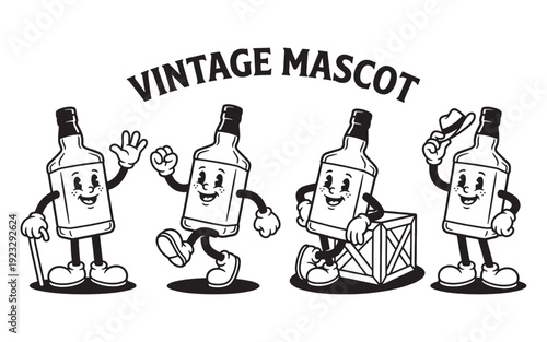 whiskey bottle funny cartoon mascot character in different poses