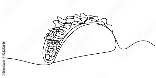 continuous single drawn one line taco hand-drawn picture silhouette. One continuous line drawing of Tacos food vector illustration. Traditional food in simple linear style vector design concept.