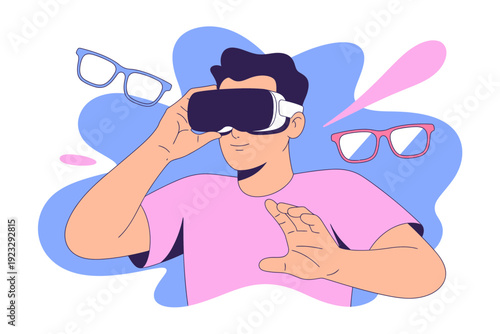 A man wearing virtual reality goggles and surrounded by other glasses in a colorful illustration