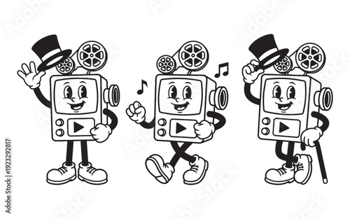 movie projector and camera funny cartoon mascot character in different poses