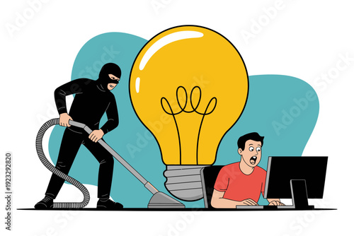 A vector graphic illustration of a burglar vacuuming a lightbulb idea from a man's head while he works on a computer