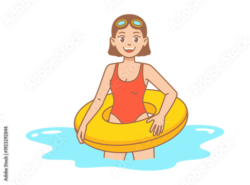 A cartoon woman wearing a red swimsuit and goggles floating on a yellow inflatable ring in a pool