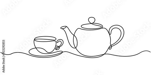 Teapot pouring tea on cup one continuous line art, Vector illustration, One line art, Line art graphic style. Continuous one line of teapot pouring tea into cup, style drawing vector illustration.