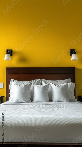 Contemporary hotel bedroom features a bed with bright yellow wall