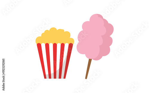A colorful vector illustration of popcorn and cotton candy on a white background