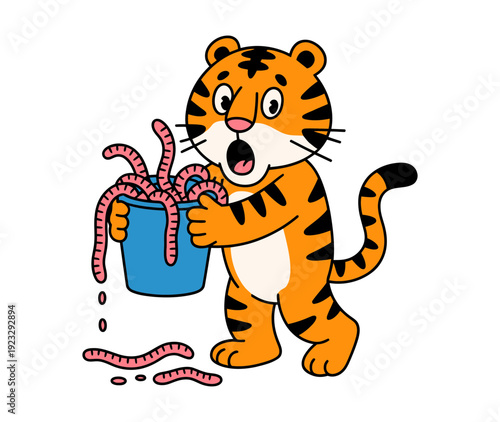 A cartoon tiger excitedly holding a bucket of pink worms