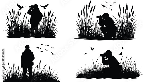 Black, and, white, silhouettes, of, wildlife, photographers, with, cameras, in, tall, grass, marshes, with, flying, birds, vector, illustration, set, collection.