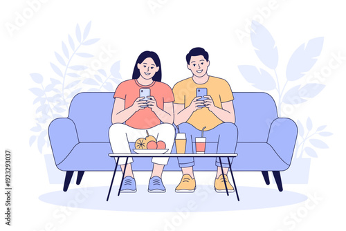 A couple relaxing on a couch with coffee and snacks in a modern living room with a minimalist design