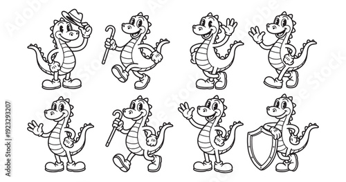 dinosaur funny cartoon mascot character in different poses