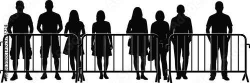 Black, and, white, silhouettes, of, people, standing, behind, a, metal, security, barrier, fence, at, an, event, isolated, vector, illustration, set.