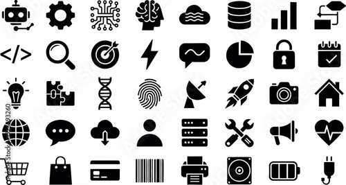 Modern black vector icon set for web design featuring business, finance, banking, media, car, calculator, and internet symbols