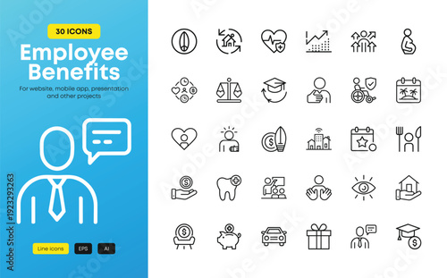 Employee benefits line icons set representing corporate perks health insurance and career incentives