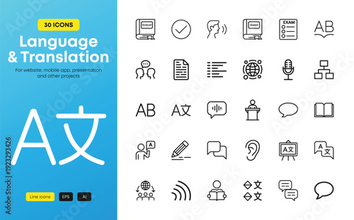Language and translation line icons set isolated on white. language learning icon collection